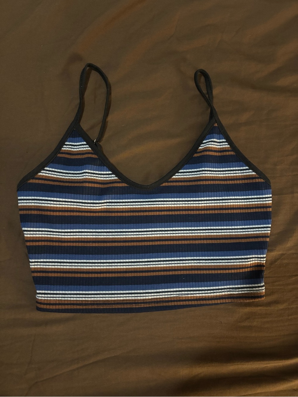 Striped Ribbed V-Neck Crop Tank Top - Blue & Brown
